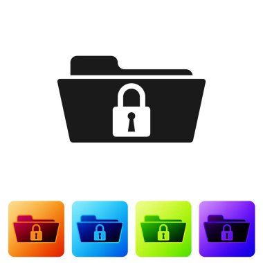 Siyah klasör ve kilit simgesi beyaz arka planda yalıtılmış. Kapalı klasör ve asma kilit. Güvenlik, emniyet, koruma konsepti. Renk kare düğmelerinde simgeyi ayarlayın. Vektör Illustration