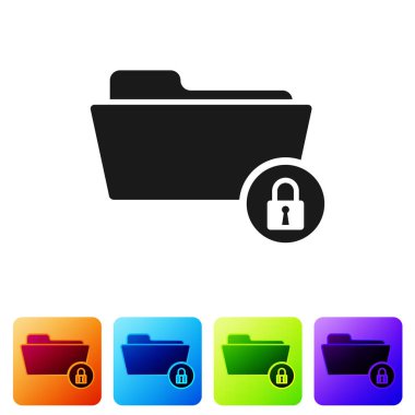 Siyah klasör ve kilit simgesi beyaz arka planda yalıtılmış. Kapalı klasör ve asma kilit. Güvenlik, emniyet, koruma konsepti. Renk kare düğmelerinde simgeyi ayarlayın. Vektör Illustration