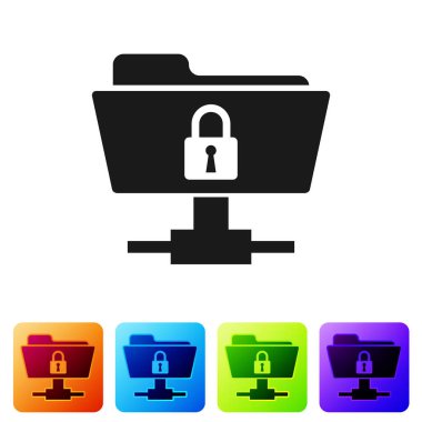 Siyah FTP klasörü ve beyaz arka planda kilit simgesi. Yazılım Güncelleme kavramı, FTP Aktarım Protokolü. Güvenlik, emniyet, koruma konsepti. Renk kare düğmelerinde simgeyi ayarlayın. Vektör Illustration