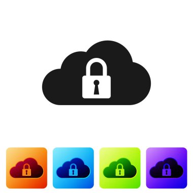 Siyah bulut bilişim kilit simgesi beyaz arka planda yalıtılmış. Güvenlik, emniyet, koruma konsepti. Renk kare düğmelerinde simgeyi ayarlayın. Vektör Illustration