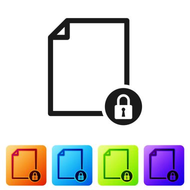 Siyah belge ve kilit simgesi beyaz arka planda yalıtılmış. Dosya formatı ve asma kilit. Güvenlik, emniyet, koruma konsepti. Renk kare düğmelerinde simgeyi ayarlayın. Vektör Illustration