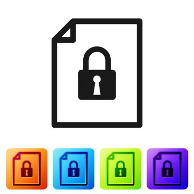 Siyah belge ve kilit simgesi beyaz arka planda yalıtılmış. Dosya formatı ve asma kilit. Güvenlik, emniyet, koruma konsepti. Renk kare düğmelerinde simgeyi ayarlayın. Vektör Illustration