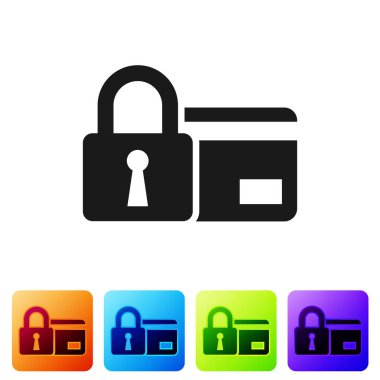 Siyah kredi kartı beyaz arka planda izole kilit simgesi ile. Kilitli banka kartı. Güvenlik, emniyet, koruma konsepti. Güvenli ödeme kavramı. Renk kare düğmelerinde simgeyi ayarlayın. Vektör Illustration