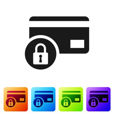 Siyah kredi kartı beyaz arka planda izole kilit simgesi ile. Kilitli banka kartı. Güvenlik, emniyet, koruma konsepti. Güvenli ödeme kavramı. Renk kare düğmelerinde simgeyi ayarlayın. Vektör Illustration