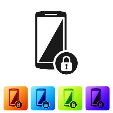 Beyaz arka planda izole kapalı asma kilit simgesi ile siyah smartphone. Kilidi olan telefon. Mobil güvenlik, güvenlik, koruma konsepti. Renk kare düğmelerinde simgeyi ayarlayın. Vektör Illustration