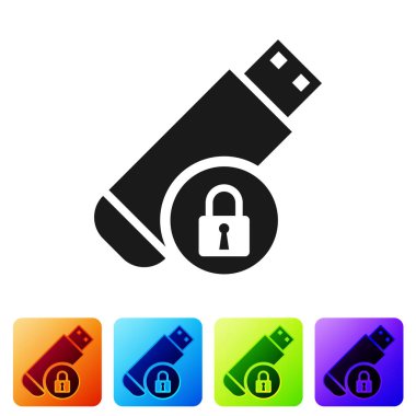 Beyaz arka planda yalıtılmış kapalı asma kilit simgesi ile siyah USB flash sürücü. Güvenlik, emniyet, koruma konsepti. Renk kare düğmelerinde simgeyi ayarlayın. Vektör Illustration