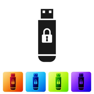 Beyaz arka planda yalıtılmış kapalı asma kilit simgesi ile siyah USB flash sürücü. Güvenlik, emniyet, koruma konsepti. Renk kare düğmelerinde simgeyi ayarlayın. Vektör Illustration