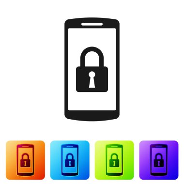 Beyaz arka planda izole kapalı asma kilit simgesi ile siyah smartphone. Kilidi olan telefon. Mobil güvenlik, güvenlik, koruma konsepti. Renk kare düğmelerinde simgeyi ayarlayın. Vektör Illustration