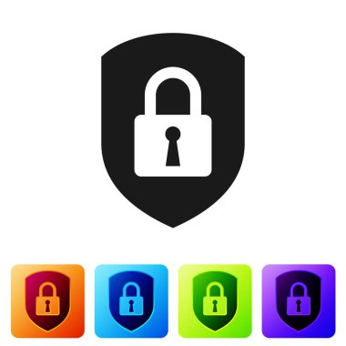 Siyah kalkan güvenlik kilit simgesi beyaz arka planda yalıtılmış. Koruma, güvenlik, şifre güvenliği. Güvenlik Duvarı erişim gizlilik işareti. Renk kare düğmelerinde simgeyi ayarlayın. Vektör Illustration
