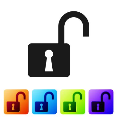 Siyah açık asma kilit simgesi beyaz arka planda yalıtılmış. Kilit işareti açıldı. Siber güvenlik konsepti. Dijital veri koruması. Güvenlik güvenliği. Renk kare düğmelerinde simgeyi ayarlayın. Vektör Illustration