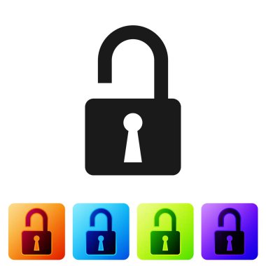 Siyah açık asma kilit simgesi beyaz arka planda yalıtılmış. Kilit işareti açıldı. Siber güvenlik konsepti. Dijital veri koruması. Güvenlik güvenliği. Renk kare düğmelerinde simgeyi ayarlayın. Vektör Illustration