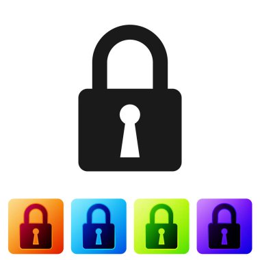 Siyah kilit simgesi beyaz arka planda yalıtılmış. Kapalı asma kilit işareti. Siber güvenlik konsepti. Dijital veri koruması. Güvenlik güvenliği. Renk kare düğmelerinde simgeyi ayarlayın. Vektör Illustration