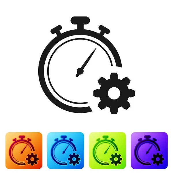 Black Time Management icon isolated on white background. Clock and gear sign. Productivity symbol. Set icon in color square buttons. Vector Illustration — Stock Vector