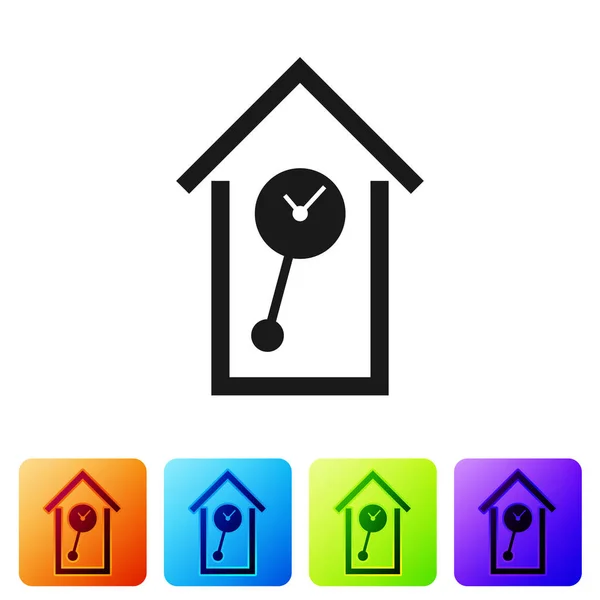 Negro Retro icono de reloj de pared aislado sobre fondo blanco. Signo del reloj de cuco. Reloj de péndulo antiguo. Establecer icono en los botones cuadrados de color. Ilustración vectorial — Archivo Imágenes Vectoriales