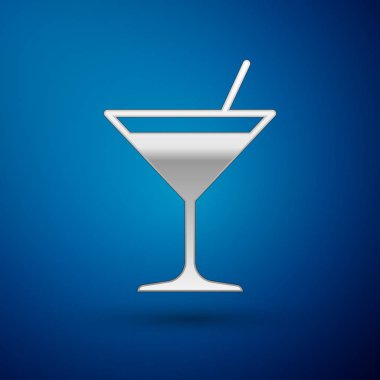 Mavi arka planda izole gümüş martini cam simgesi. Kokteyl simgesi. Şarap camı simgesi. Vektör Illustration