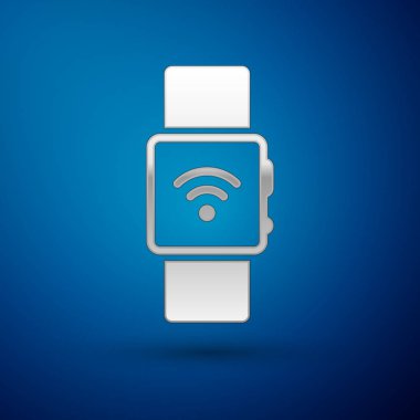 Mavi arka planda yalıtılmış kablosuz sembol simgesi ile Silver SmartWatch. Vektör Illustration