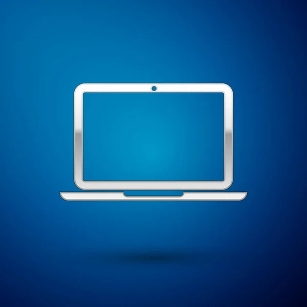 Ασημένιο εικονίδιο φορητού υπολογιστή απομονώνεται σε μπλε φόντο. Φορητός υπολογιστής με κενή πινακίδα οθόνης. Απεικόνιση διανυσματικών φορέων — Διανυσματικό Αρχείο