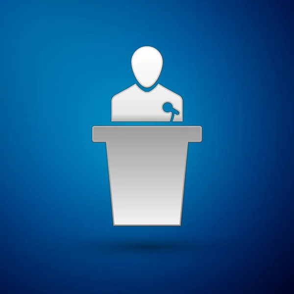 Silver Speaker icon isolated on blue background. Orator speaking from tribune. Public speech. Person on podium. Vector Illustration