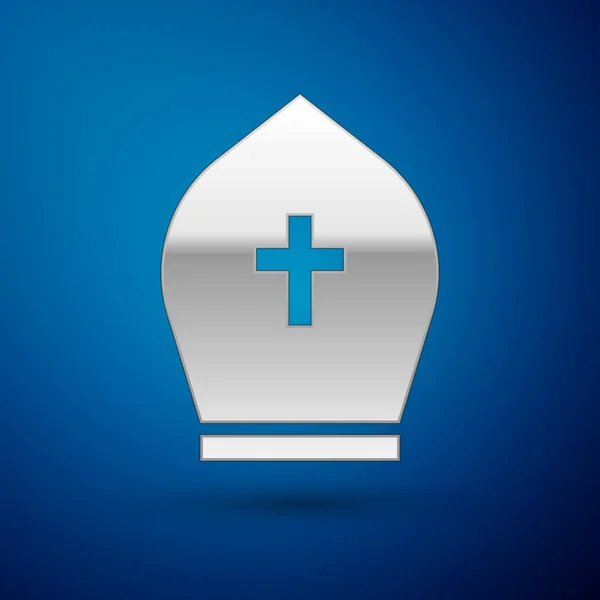 Ícone de chapéu de prata Papa isolado no fundo azul. Sinal de chapéu cristão. Ilustração vetorial — Vetor de Stock