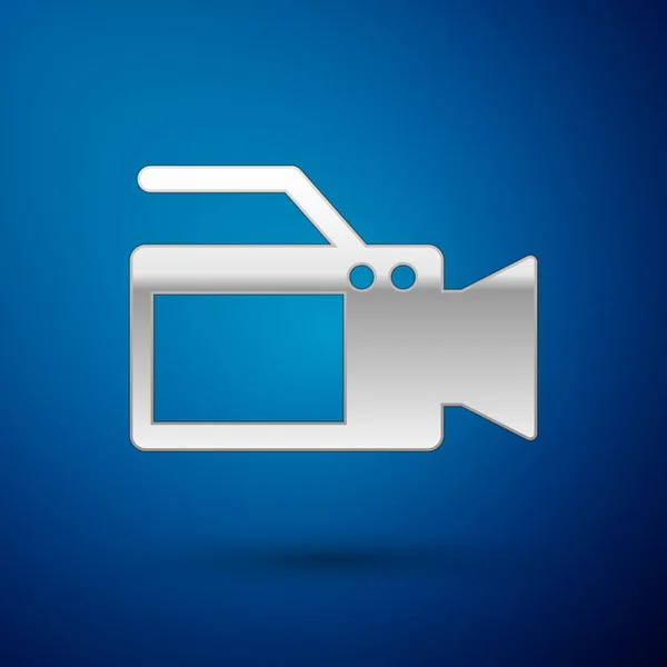 Silbernes Kinokamera-Symbol isoliert auf blauem Hintergrund. Videokamera. Filmschild. Filmprojektor. Vektorillustration — Stockvektor