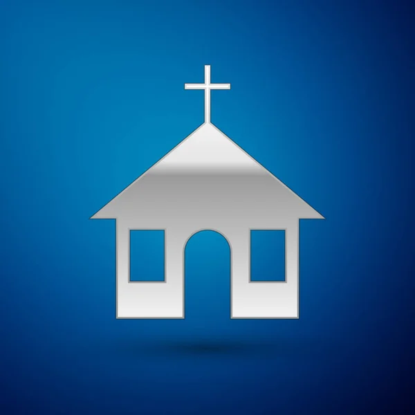 Ikone des silbernen Kirchenbaus isoliert auf blauem Hintergrund. Christliche Kirche. Religion der Kirche. Vektorillustration — Stockvektor