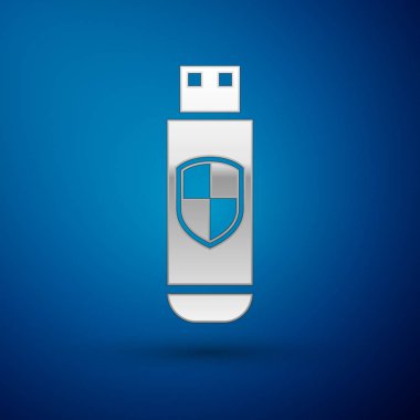 Gümüş Usb birden parlamak götürmek ve koruma simgesi üzerinde mavi arka plan izole kalkan. Vektör çizim