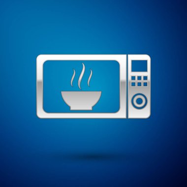 Gümüş mikrodalga fırın simgesi üzerinde mavi arka plan izole. Ev aletleri simgesi. Vektör çizim