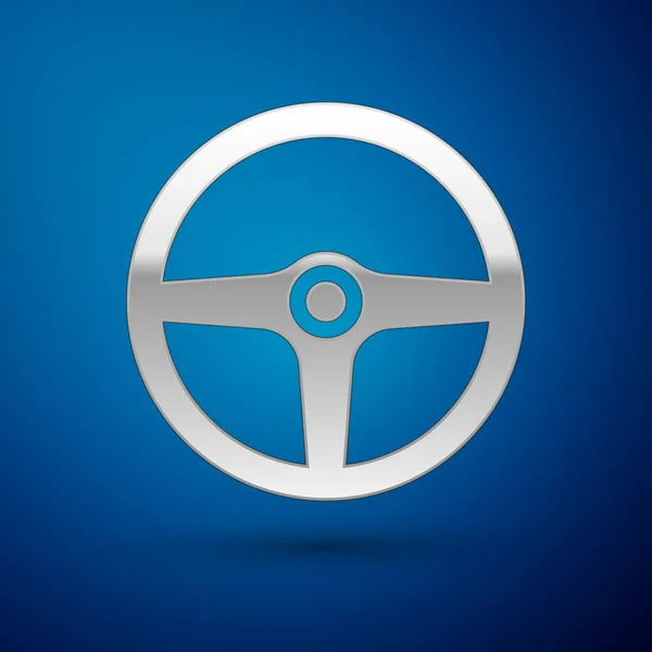 Icono de volante plateado aislado sobre fondo azul. Icono de rueda de coche. Ilustración vectorial — Vector de stock