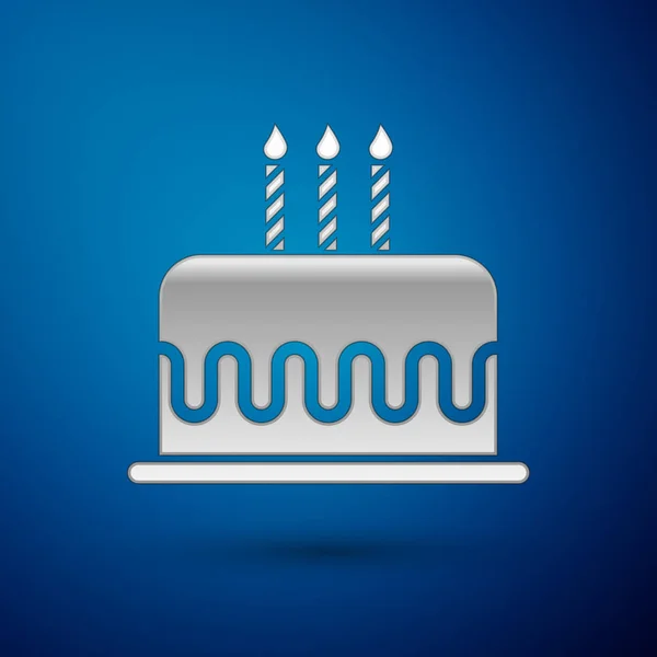 Silver Cake with burning candles icon isolated on blue background. Happy Birthday. Vector Illustration — Stock Vector