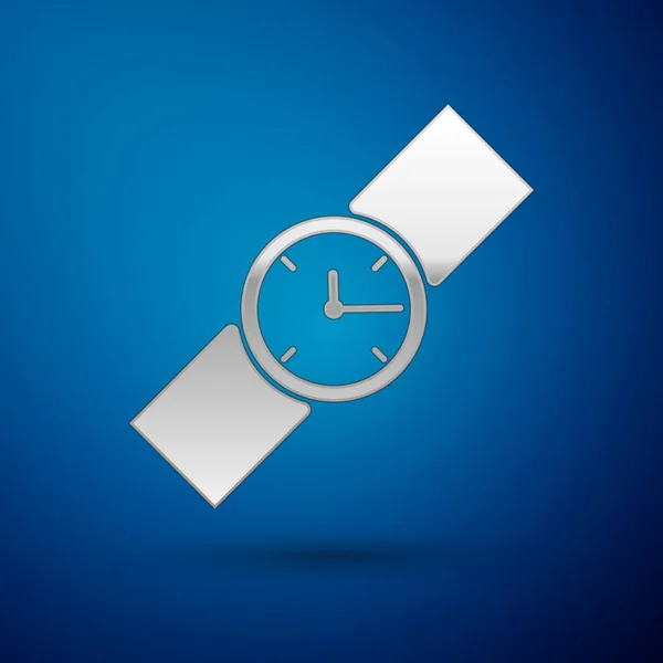 Reloj de pulsera de plata icono aislado sobre fondo azul. Icono del reloj de pulsera. Ilustración vectorial — Vector de stock