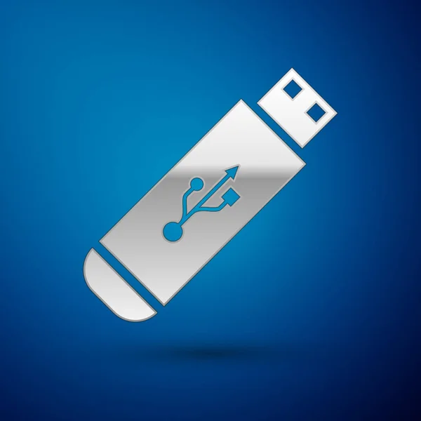 Icona chiavetta USB argento isolata su sfondo blu. Illustrazione vettoriale — Vettoriale Stock