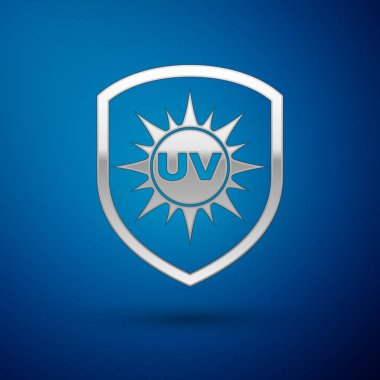 Gümüş Uv koruma simgesi üzerinde mavi arka plan izole. Güneş ve kalkan. Ultra mor ışınları radyasyon. SPF Paz Üye. Vektör çizim