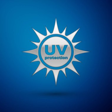 Gümüş Uv koruma simgesi üzerinde mavi arka plan izole. Ultra mor ışınları radyasyon. SPF Paz Üye. Vektör çizim