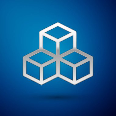 Gümüş izometrik küp simgesini üzerinde mavi arka plan izole. Geometrik küpleri katı simgesi. 3D kare işareti. Kutu simgesi. Vektör çizim