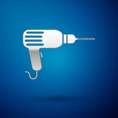 Gümüş matkap makinesi simgesi üzerinde mavi arka plan izole. Vektör çizim
