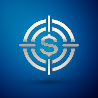 Gümüş Doları sembol simge üzerinde mavi arka plan izole hedefle. Yatırım hedef simgesini. Başarılı iş kavramı. Nakit veya para işareti. Vektör çizim