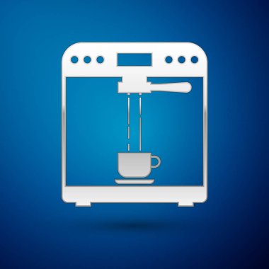 Gümüş kahve makinesi ve kahve Kupası simgesi üzerinde mavi arka plan izole. Vektör çizim