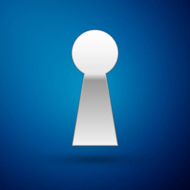 Gümüş anahtar deliği simgesi üzerinde mavi arka plan izole. Başarı çözüm anahtarı. Anahtar deliği hızlı Bulmaca, gizli, gözetleme, emniyet, güvenlik kavramı. Vektör çizim