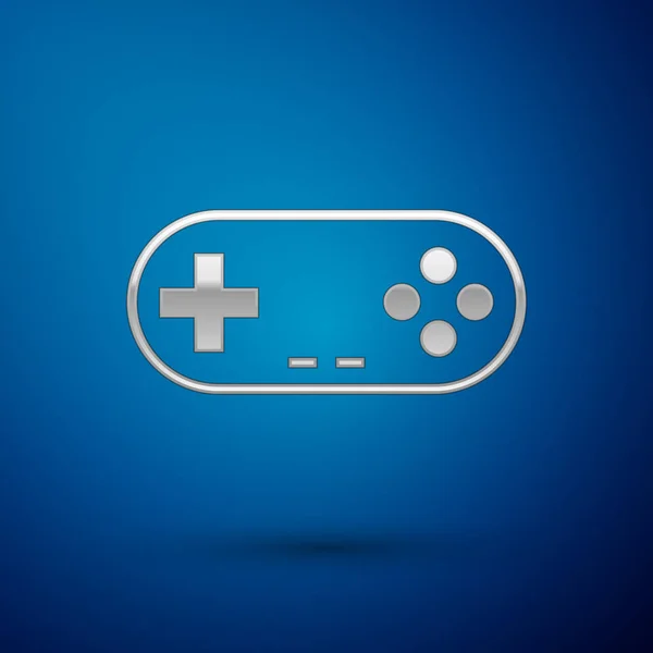 Icona Gamepad argento isolata su sfondo blu. Controllore di gioco. Illustrazione vettoriale — Vettoriale Stock