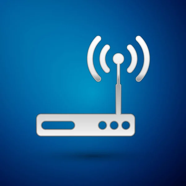 銀のルーターは、青の背景に分離の wi-fi 信号シンボル アイコン。ワイヤレス イーサネット モデム ルーター。コンピューター技術インターネット。ベクトル図 — ストックベクタ