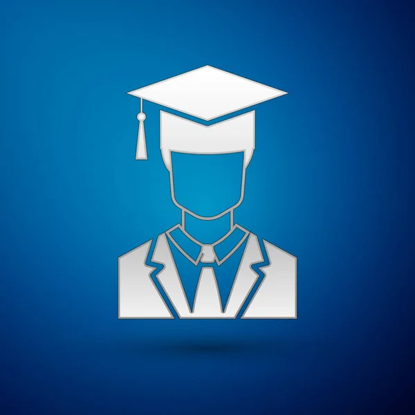 Stříbrný samec postgraduální student profil s šaty a promoce cap ikonou izolované na modrém pozadí. Vektorové ilustrace — Stockový vektor