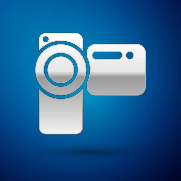 Icono de la cámara Silver Cinema aislado sobre fondo azul. Videocámara. Signo de película. Proyector de cine. Ilustración vectorial — Vector de stock