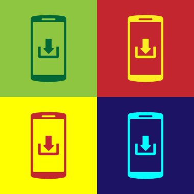 Renk renkli arka planlar üzerinde izole indir simgesi ile akıllı telefon. Düz tasarım. Vektör çizim
