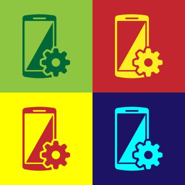 Smartphone ekran simgesini renkli arka planlar renk ayarı. Cep telefonu ve dişli oturum açın. App ayarlama, seçeneklerini ayarlama, onarım, tamir telefon kavramları. Düz tasarım. Vektör çizim