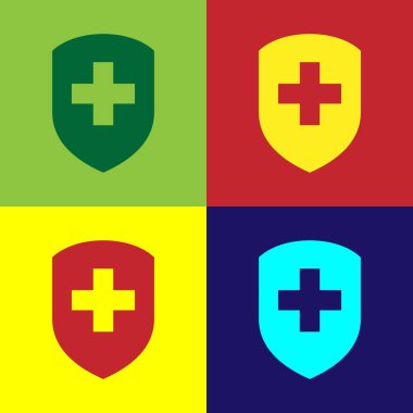 Renk renk arka plan üzerinde izole simgesi çapraz için tıbbi kalkan ile. Sağlık koruma kavramı. Emanet rozet simge. Gizlilik afiş. Güvenlik etiketi. Düz tasarım. Vektör çizim