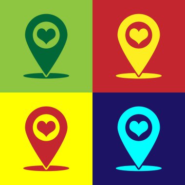 Renk harita göstergesi ile renkli arka planlar üzerinde izole kalp simgesi. Düz tasarım. Vektör çizim