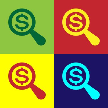 Renk Büyüteç ve renkli arka planlar üzerinde izole dolar simgesi. Para bulmak. Para için arıyorum. Düz tasarım. Vektör çizim