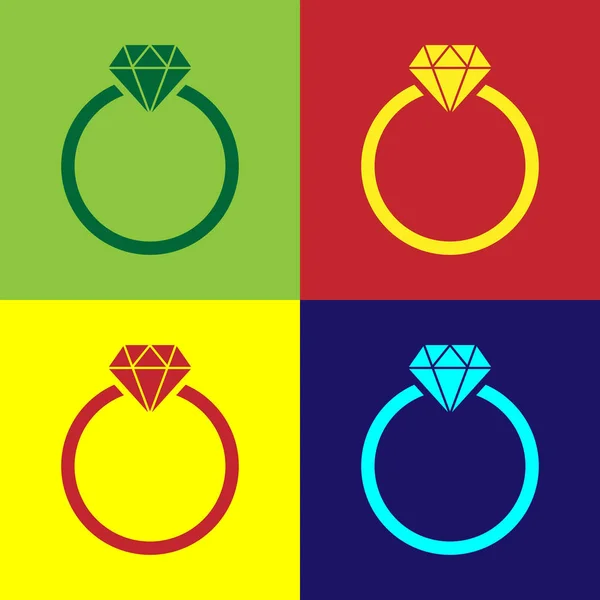 Διαμαντένιο δαχτυλίδι αρραβώνων εικονίδιο χρώμα απομονώνονται σε έγχρωμο φόντο. Επίπεδη σχεδίαση. Εικονογράφηση διάνυσμα — Διανυσματικό Αρχείο