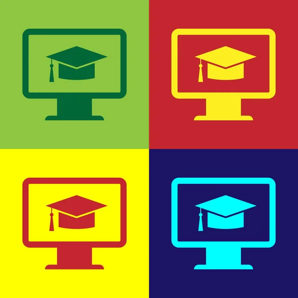 Monitor de ordenador a color con icono de la tapa de graduación aislado en fondos de color. Concepto de aprendizaje en línea o aprendizaje electrónico. Símbolo de conocimiento de Internet. Diseño plano. Ilustración vectorial — Vector de stock