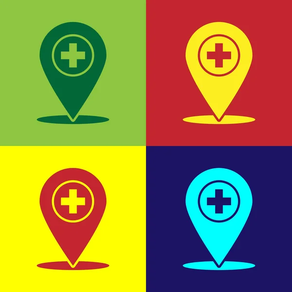 Χρώμα δείκτη ιατρική χάρτη με σταυρό νοσοκομείο εικονίδιο απομονώνονται σε έγχρωμο φόντο. Επίπεδη σχεδίαση. Εικονογράφηση διάνυσμα — Διανυσματικό Αρχείο